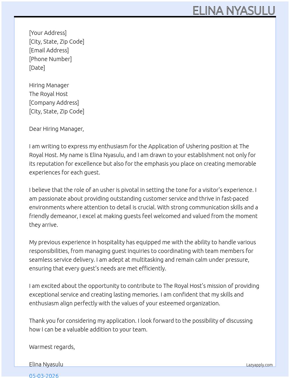 Application of ushering position At The Royal host Cover Letter