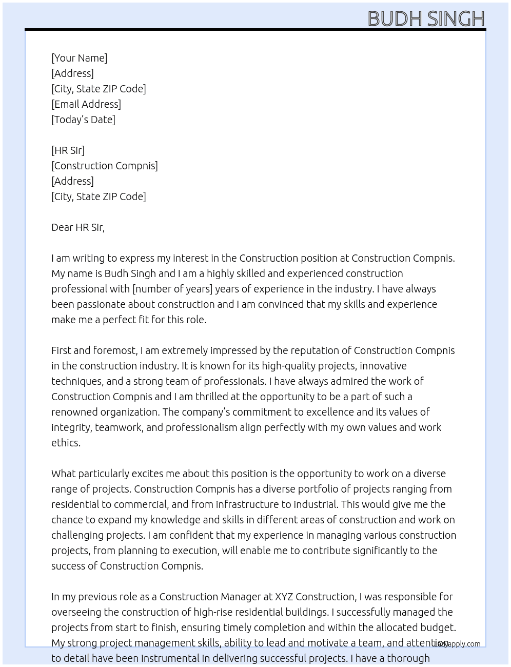Constrution  At Construction compnis Cover Letter