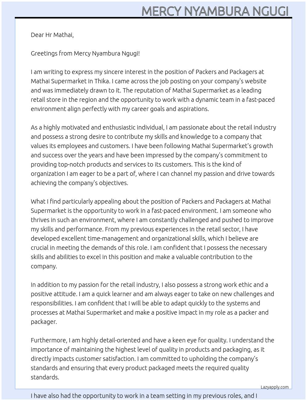 Packers and packagers  At MATHAI SUPERMARKET ,THIKA  Cover Letter