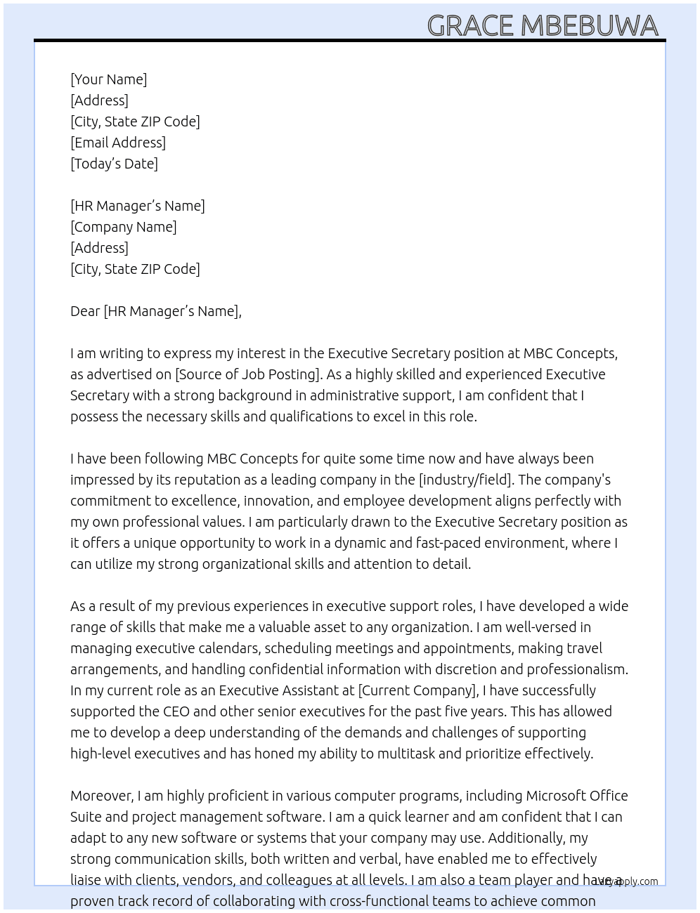 Executive Secretary  At MBC Concepts Cover Letter