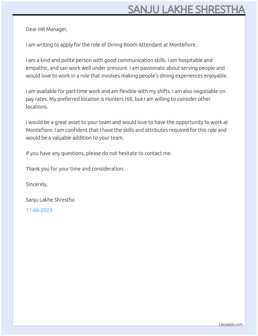 Dining Room Attendant At Montefiore Cover Letter