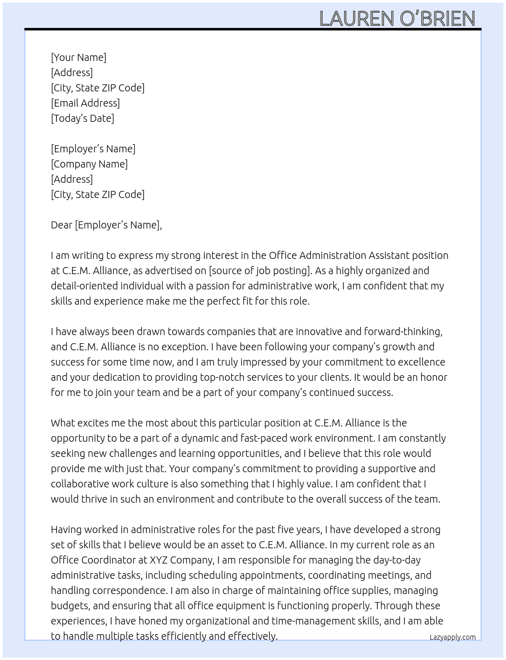 Office Administration Assistant  At C.E.M. Alliance Cover Letter