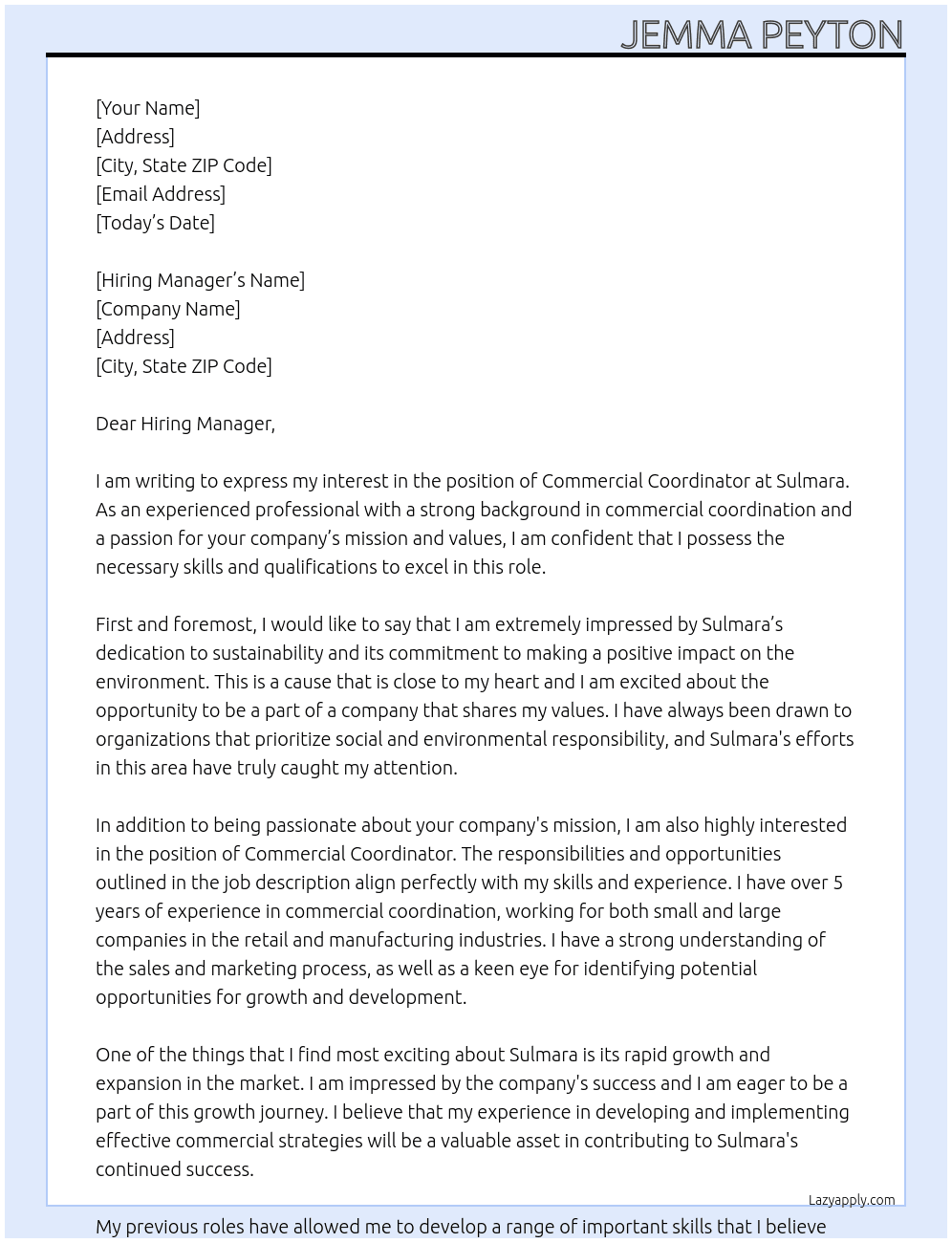 Commercial Coordinator At Sulmara Cover Letter