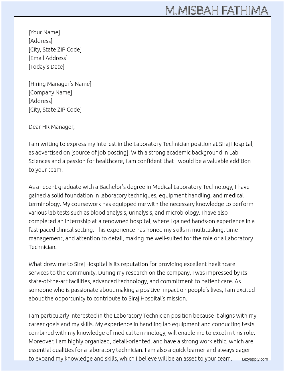Laboratory technician  At Siraj hospital  Cover Letter