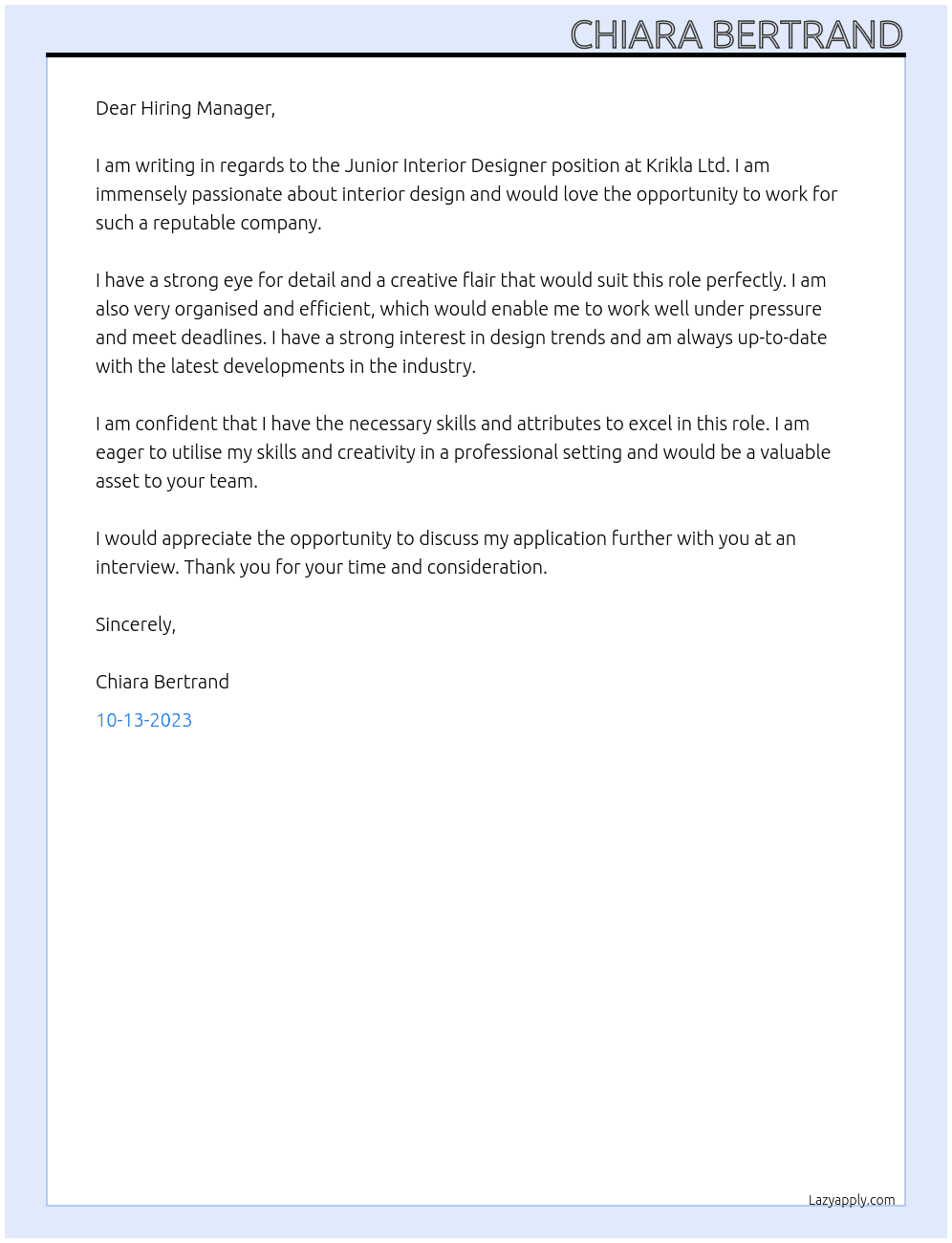 Junior Interior Designer At Krikla Ltd Cover Letter