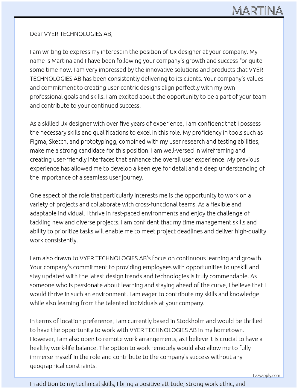 Ux designer At VYER TECHNOLOGIES AB Cover Letter