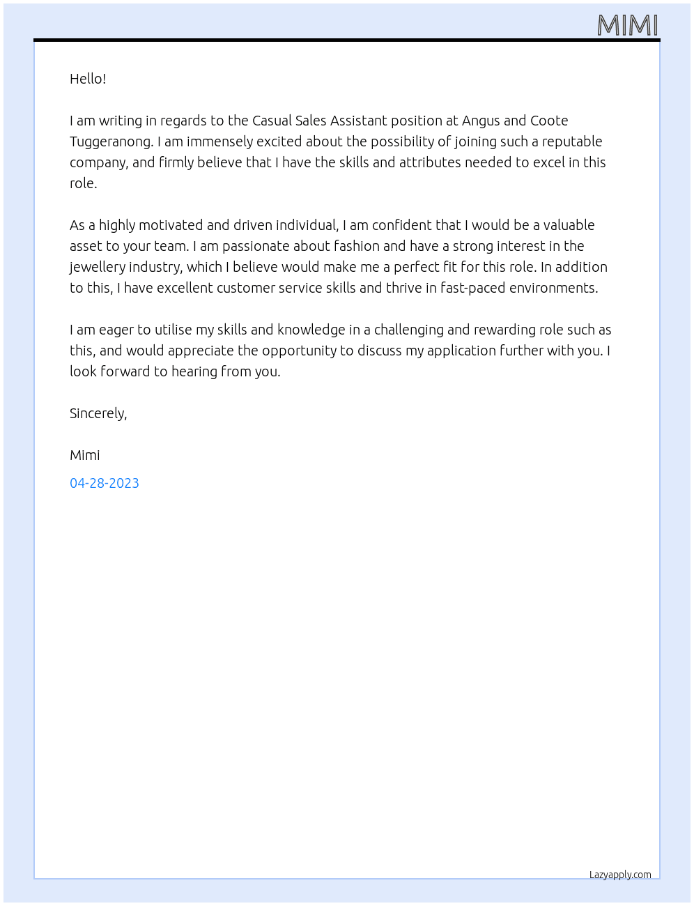 Casual Sales Assistant At Angus and Coote Tuggeranong Cover Letter