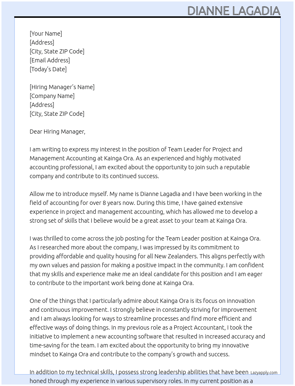 Team Leader - Project and Management Accounting At Kainga Ora Cover Letter