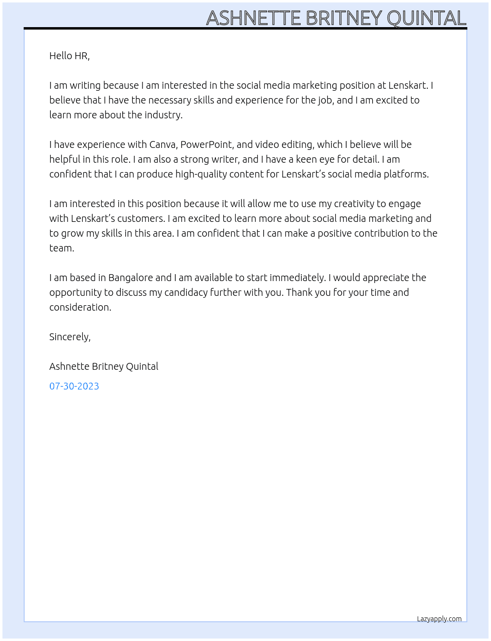 Social media marketing  At Lenskart Cover Letter