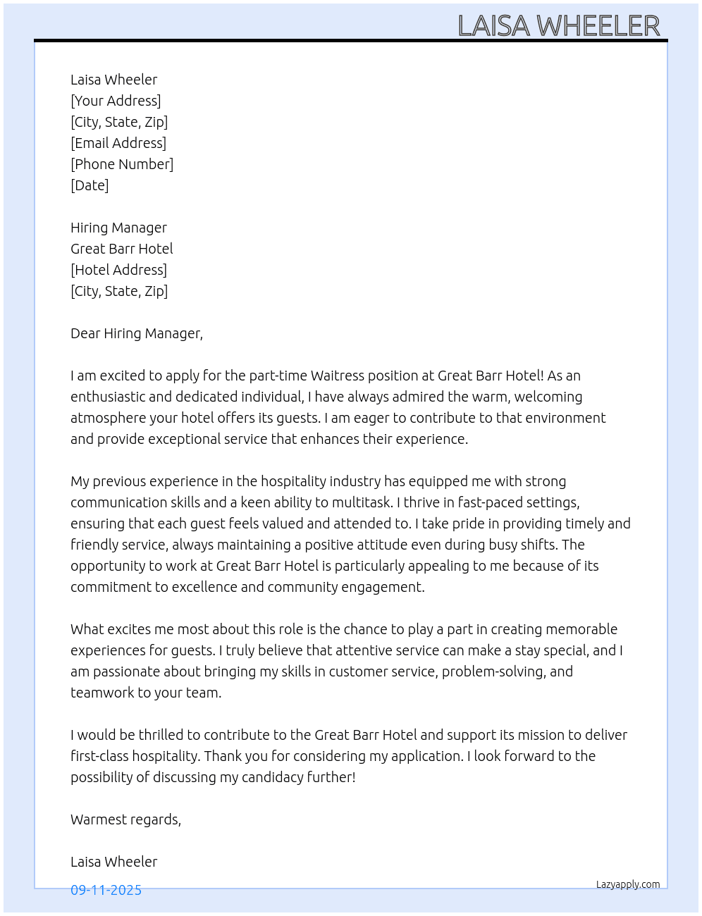 Waitress At Great Barr Hotel Cover Letter