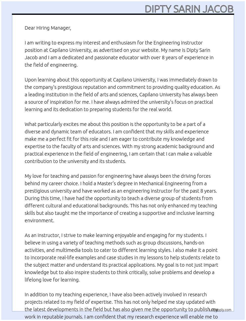 Engineering Instructor - Faculty of Arts & Sciences At Capilano University Cover Letter