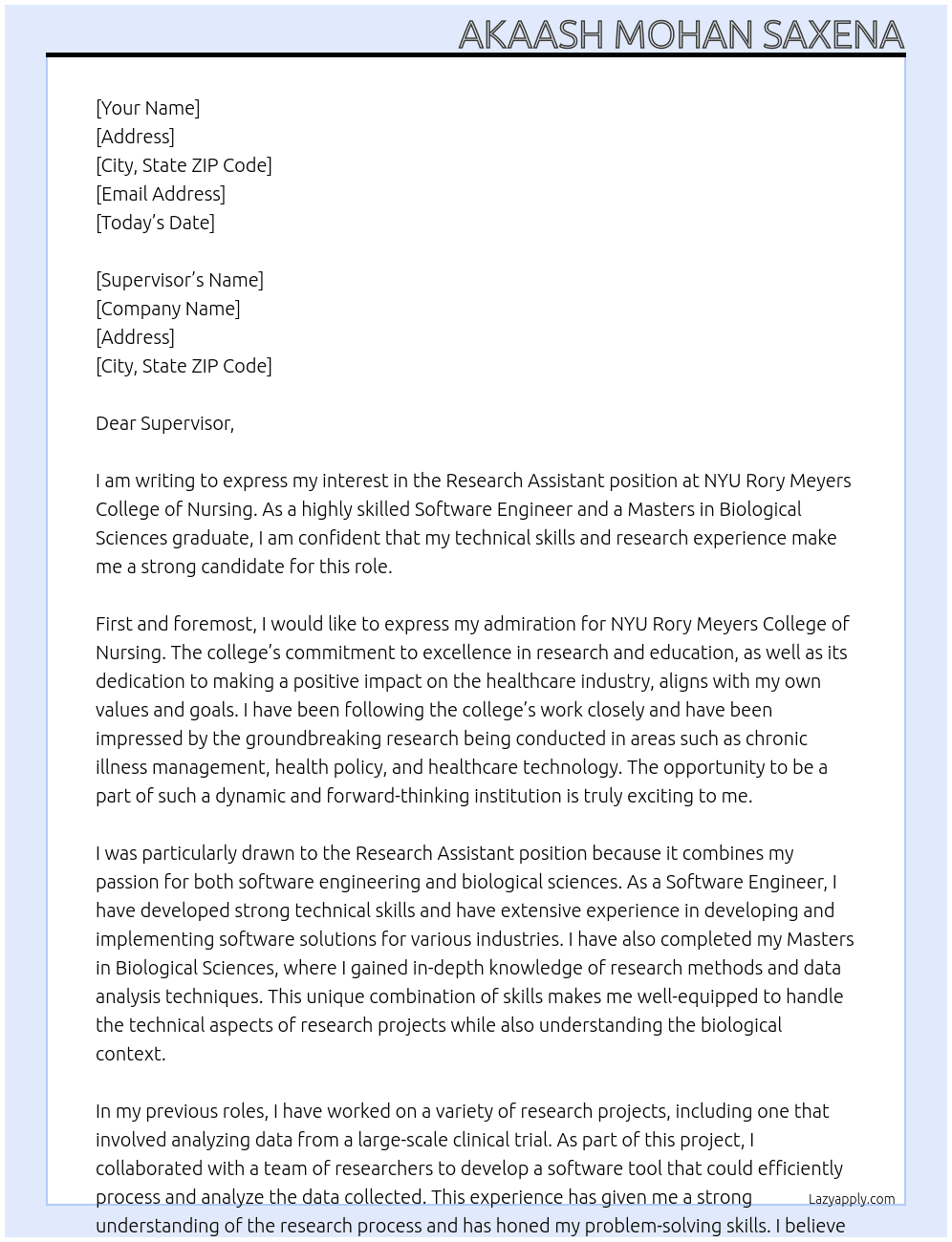 Research Assistant At NYU Rory Meyers College of Nursing Cover Letter