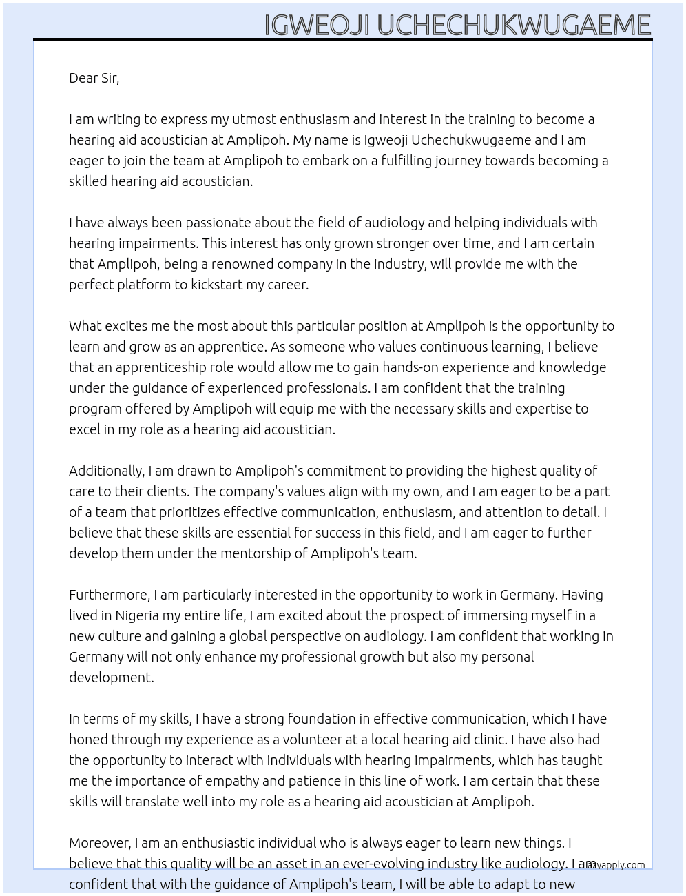 Training to become a hearing aid acoustician  At Amplipoh Cover Letter