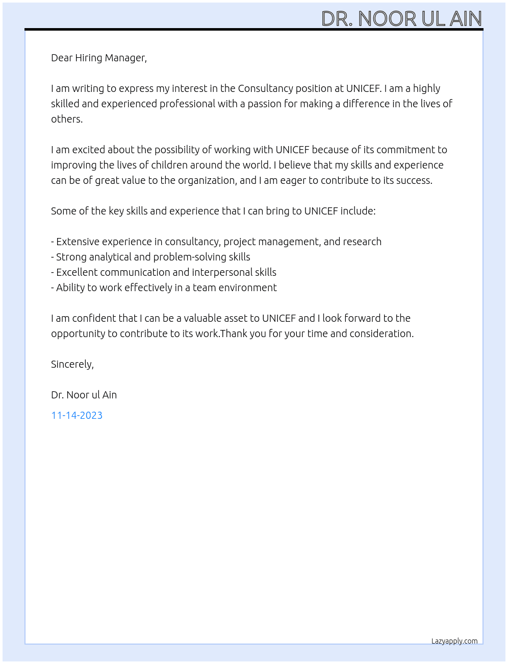 Consultancy At UNICEF Cover Letter