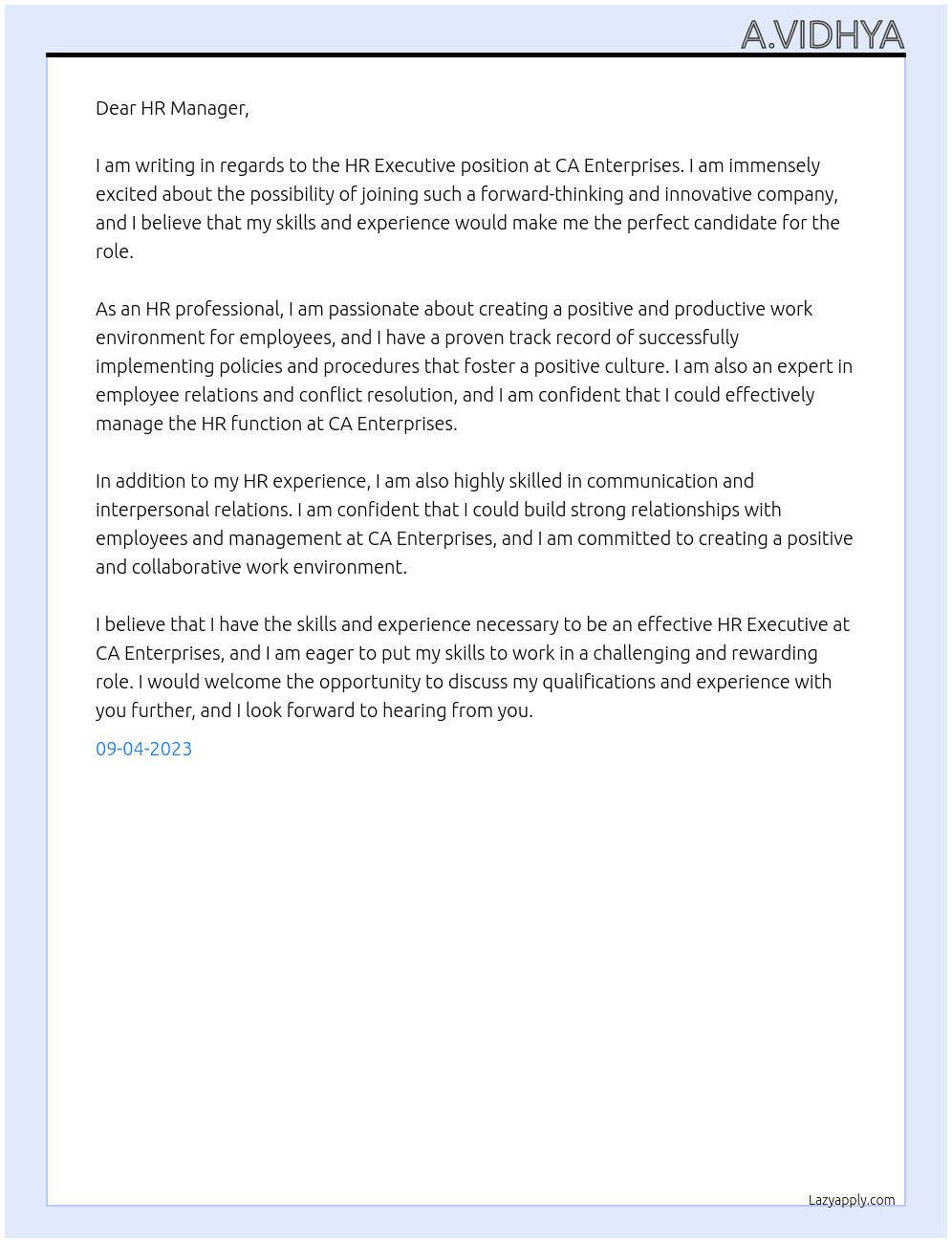 HR Executive At CA Enterprises Cover Letter