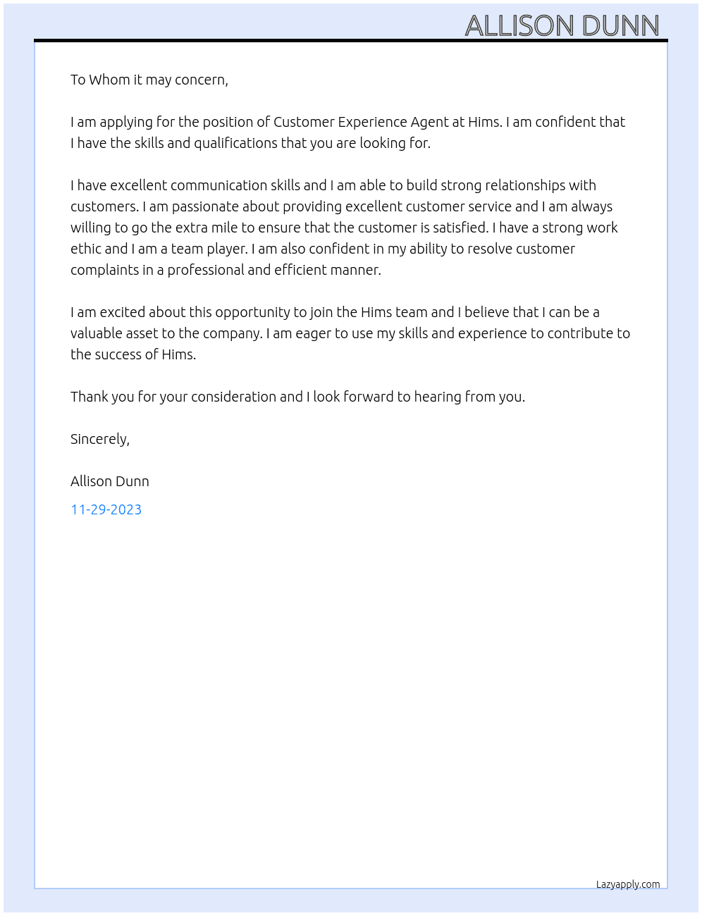 Customer Experience Agent  At Hims  Cover Letter
