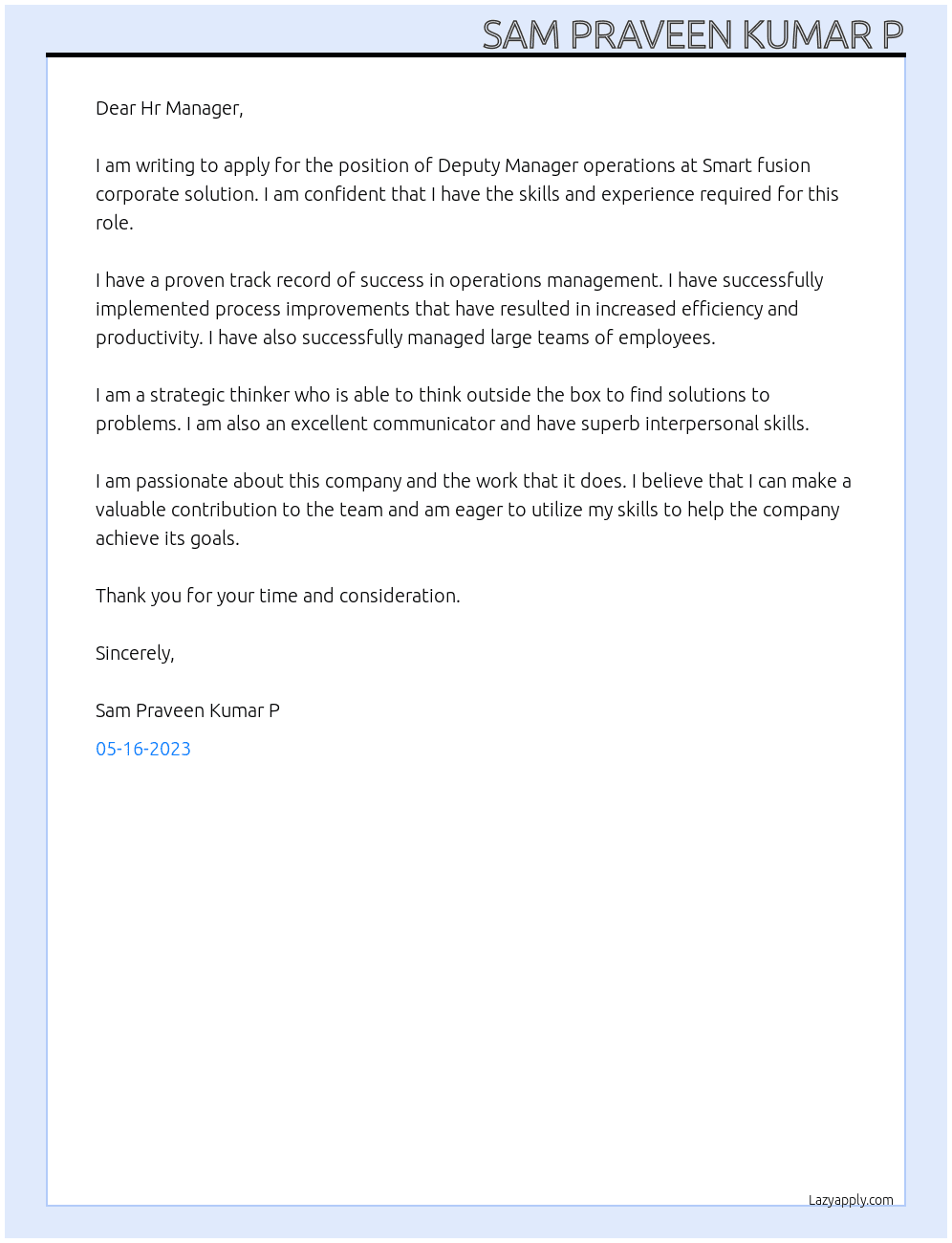Cover letter for deputy manager operations - LazyApply