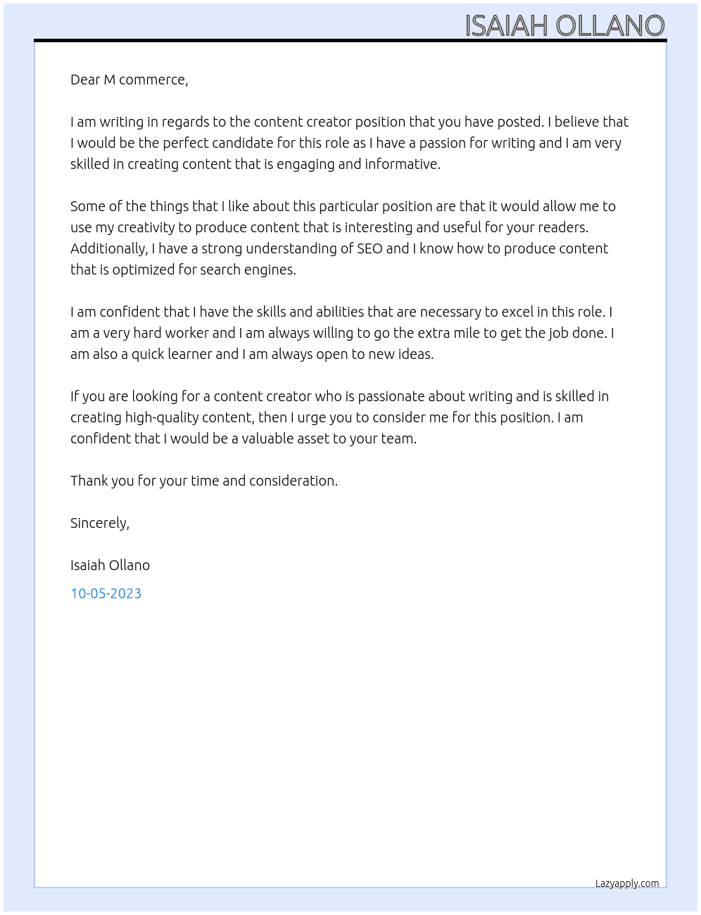 Content creator At M commerce Cover Letter