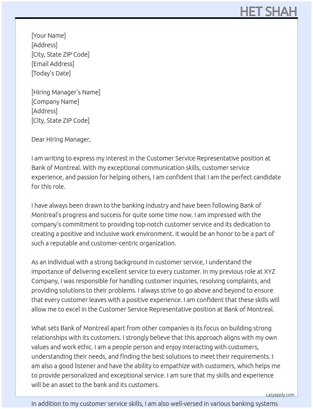 Customer service representative  At Bank of Montreal  Cover Letter