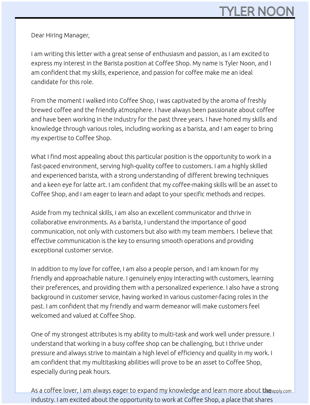 Barista  At Coffee Shop  Cover Letter