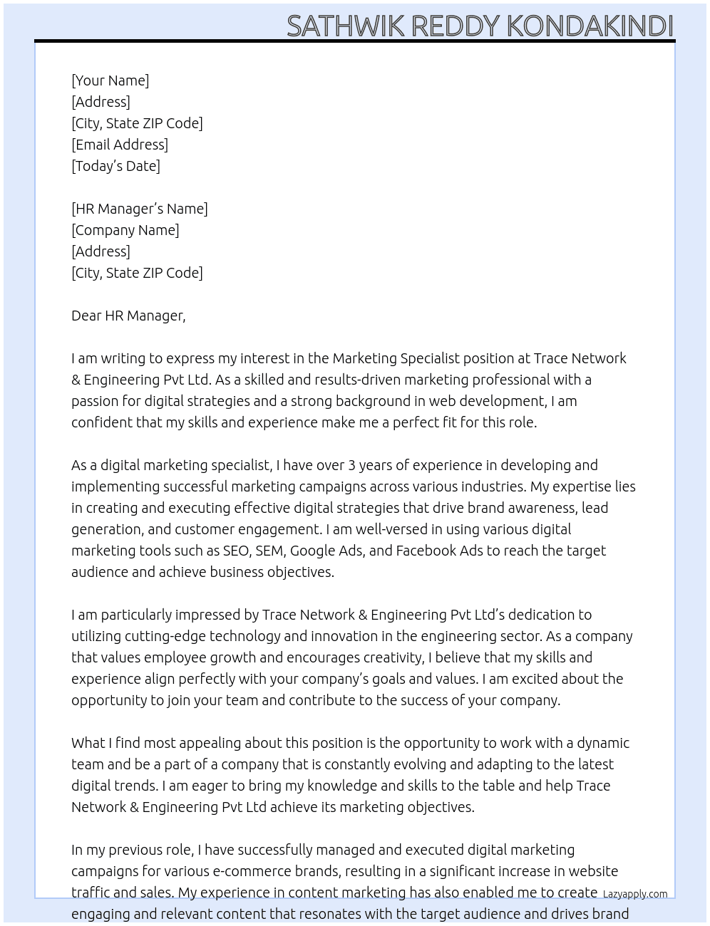 Marketing Specialist At Trace Network & Engineering Pvt Ltd Cover Letter