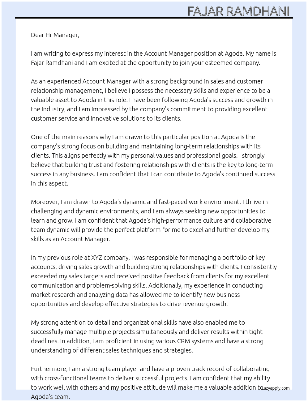 Account Manager At Agoda Cover Letter