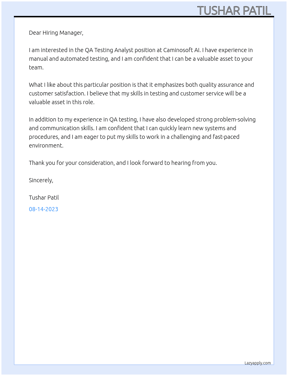 QA Testing Analyst  At Caminosoft AI Cover Letter