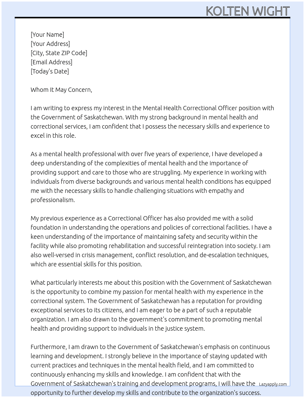 Mental Health Correctional Officer At Government Of Saskatchewan Cover Letter