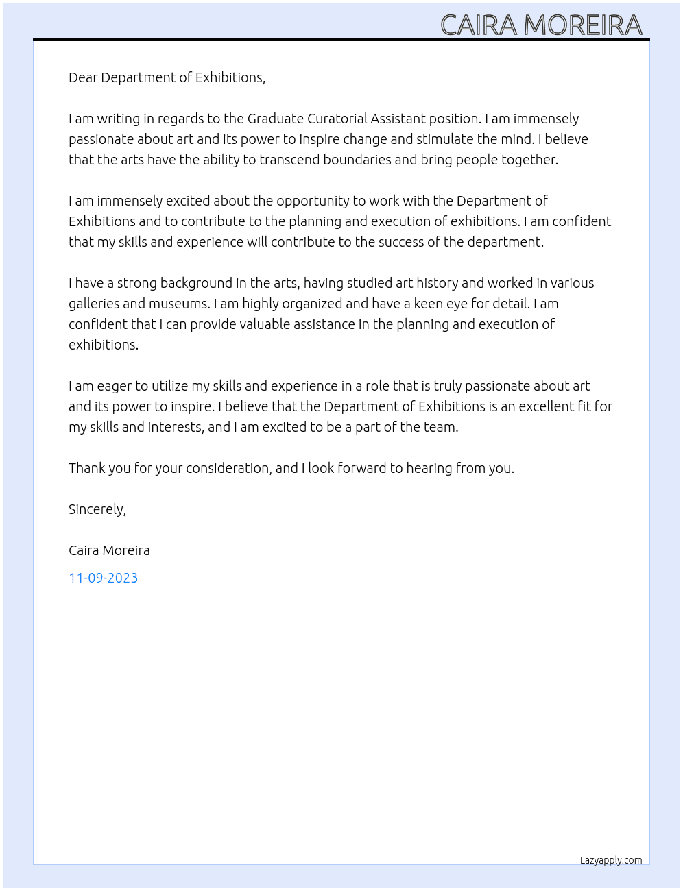Graduate Curatorial Assistant  At SAIC Department of Exhibitions  Cover Letter