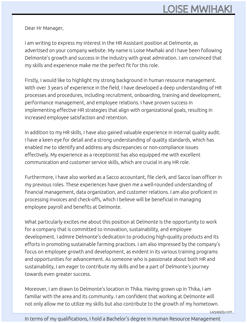 Hr Assistant  At Delmonte Cover Letter