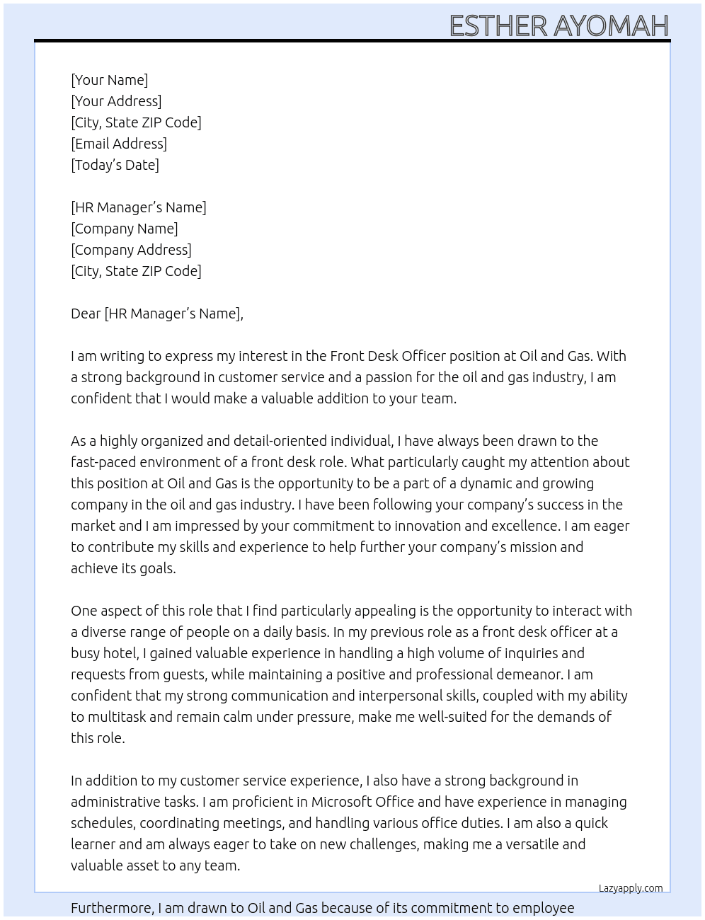 Front Desk Officer At Oil and Gas Cover Letter
