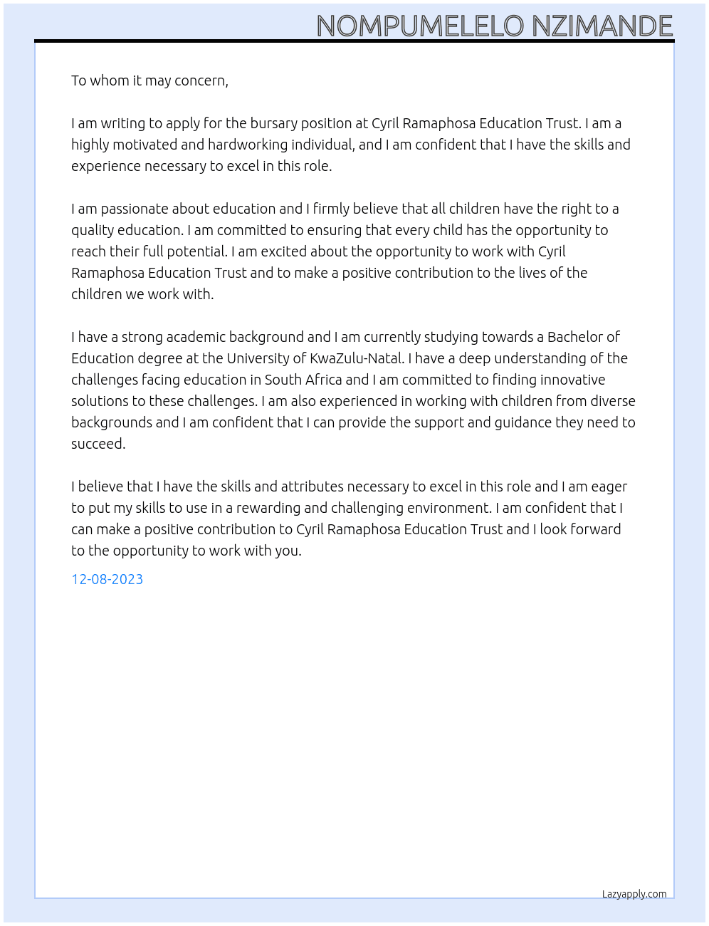 Bursary At Cyril Ramaphosa Education Trust Cover Letter