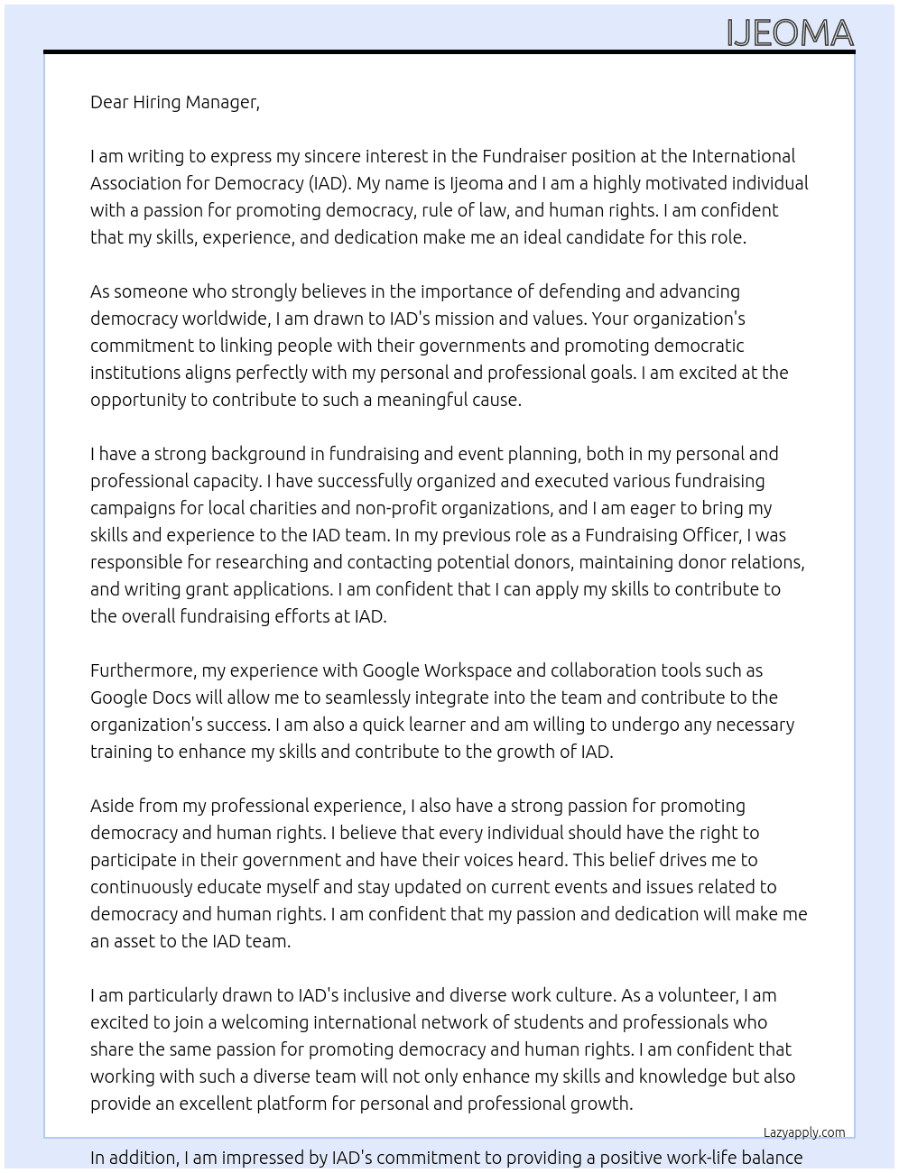 Fundraiser At IAD Cover Letter