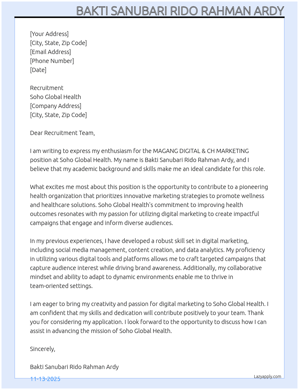 MAGANG DIGITAL & CH MARKETING At Soho Global Health Cover Letter