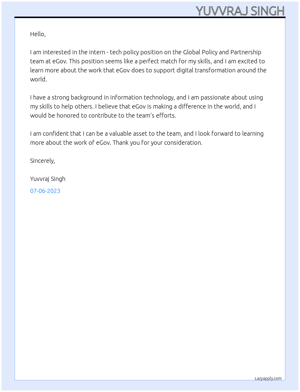 Intern - Tech Policy At eGov Foundation Cover Letter