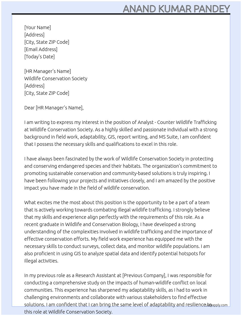  Analyst - Counter Wildlife Trafficking At Wildlife Conservation Society Cover Letter