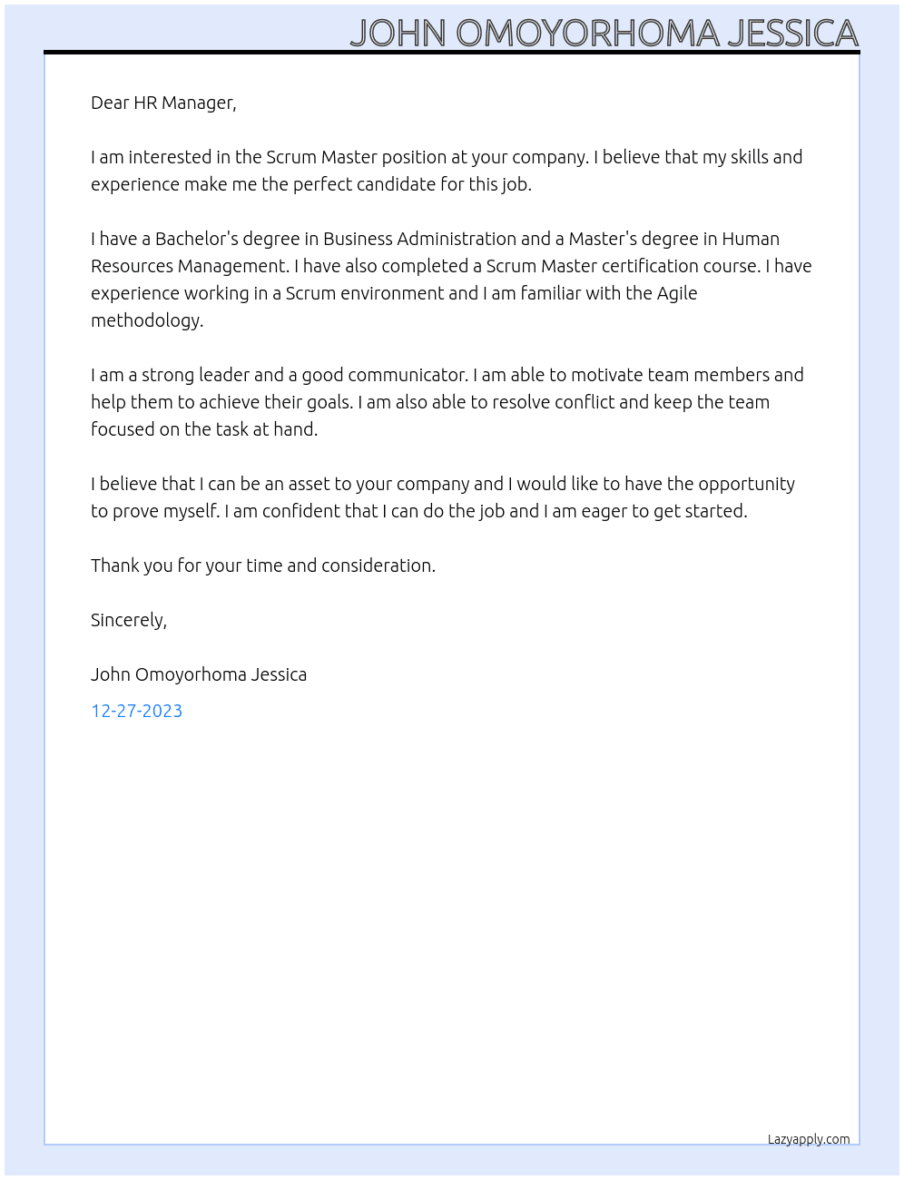 scrum master At Human Resources Cover Letter