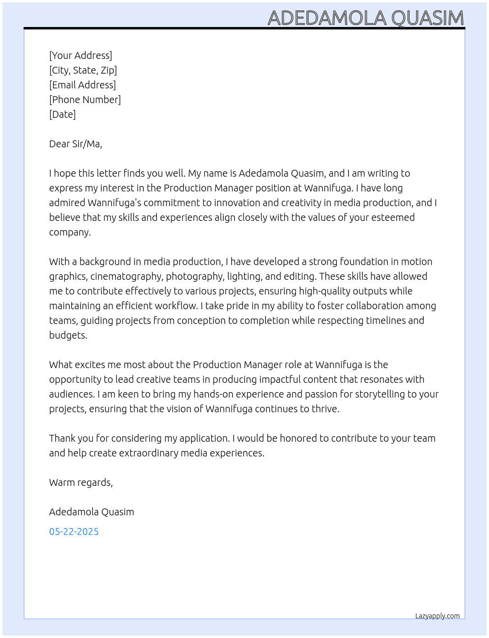 Production Manager At Wannifuga Cover Letter