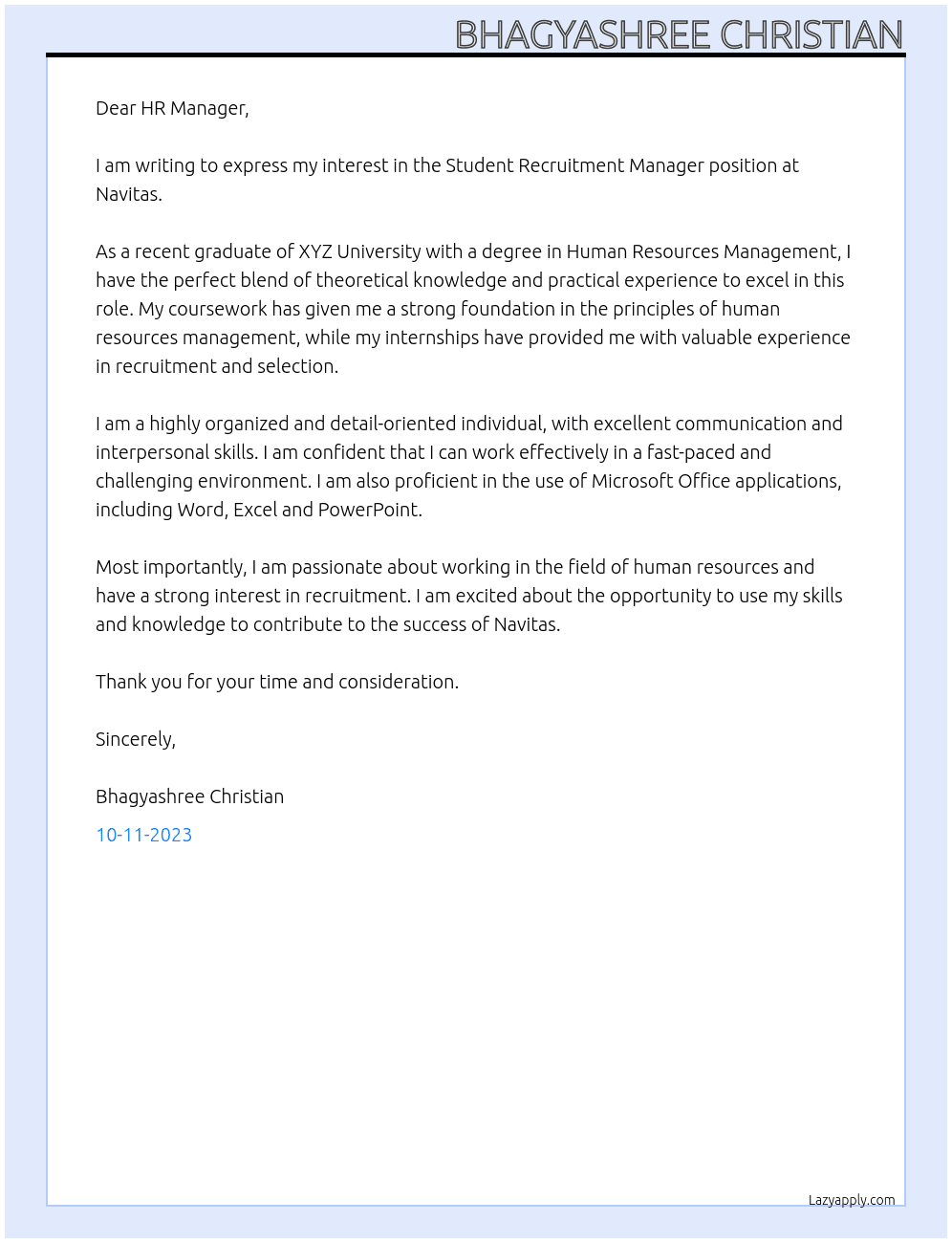 Student Recruitment Manaher At Navitas Cover Letter