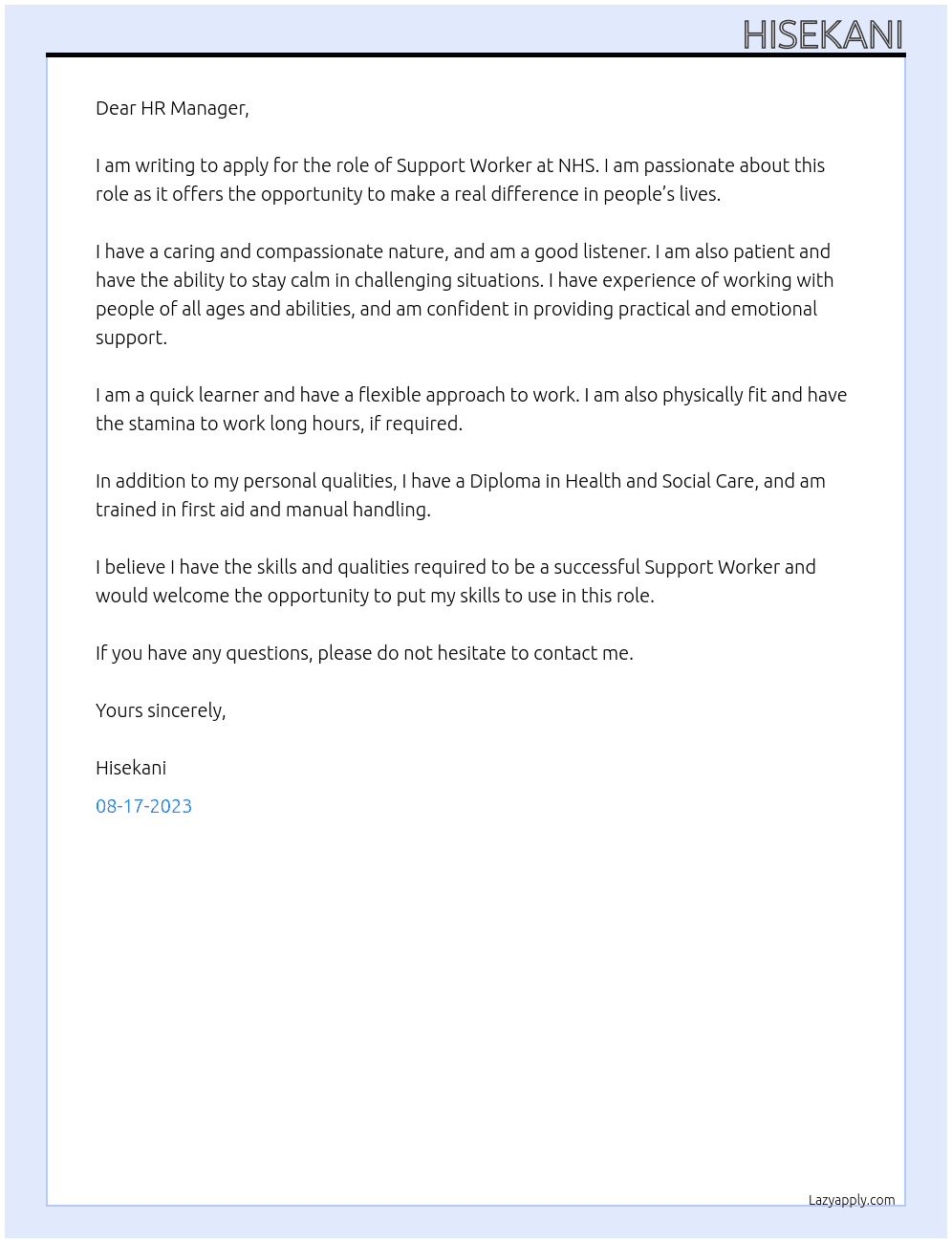 SUPPORT WORKER At NHS Cover Letter