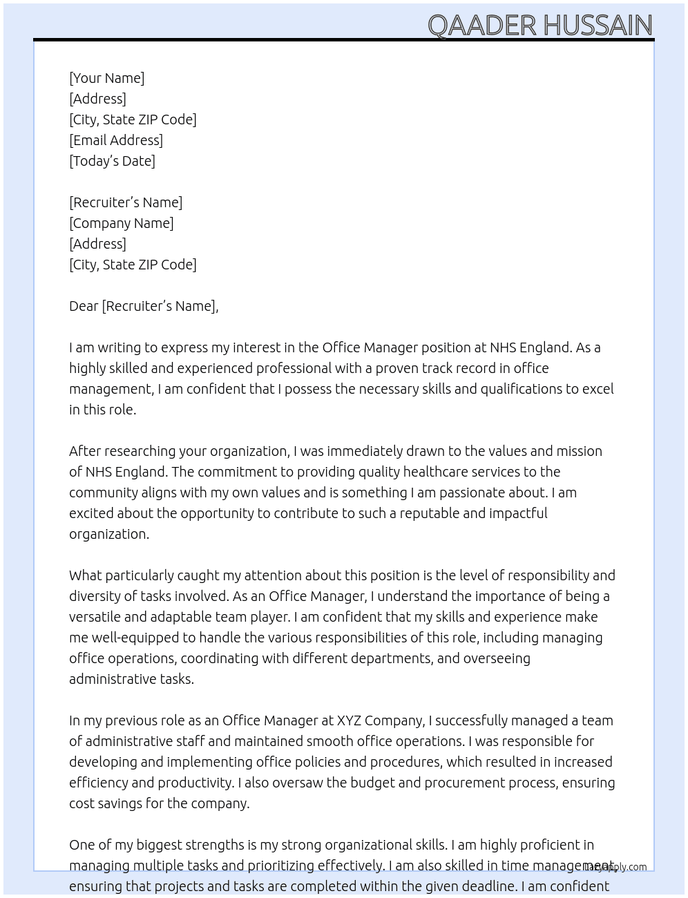 Office manager  At NHS England  Cover Letter