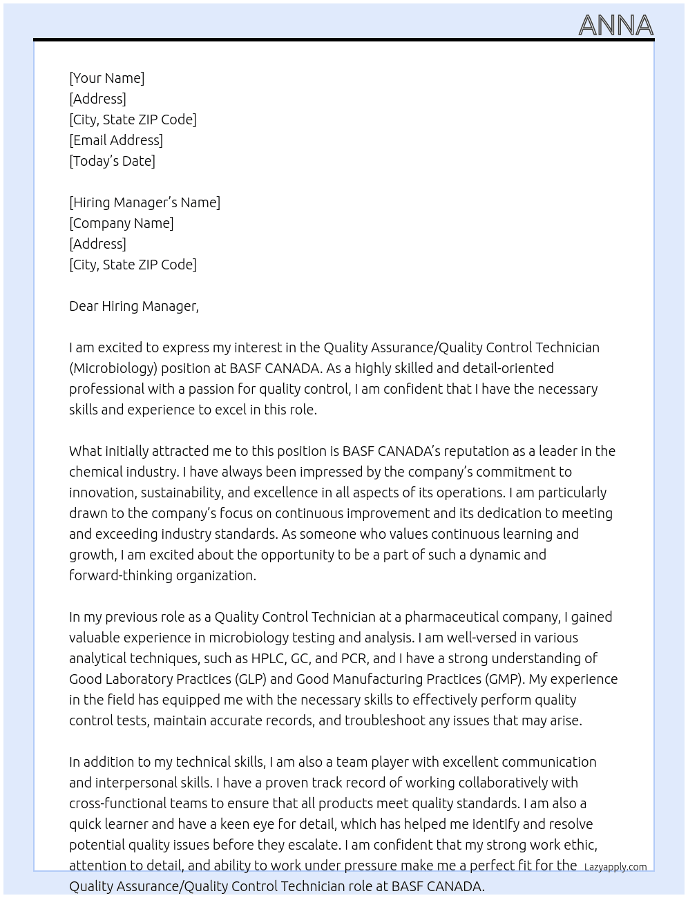 Quality Assurance/ Quality Control Technician (Microbiology)) At BASF CANADA Cover Letter