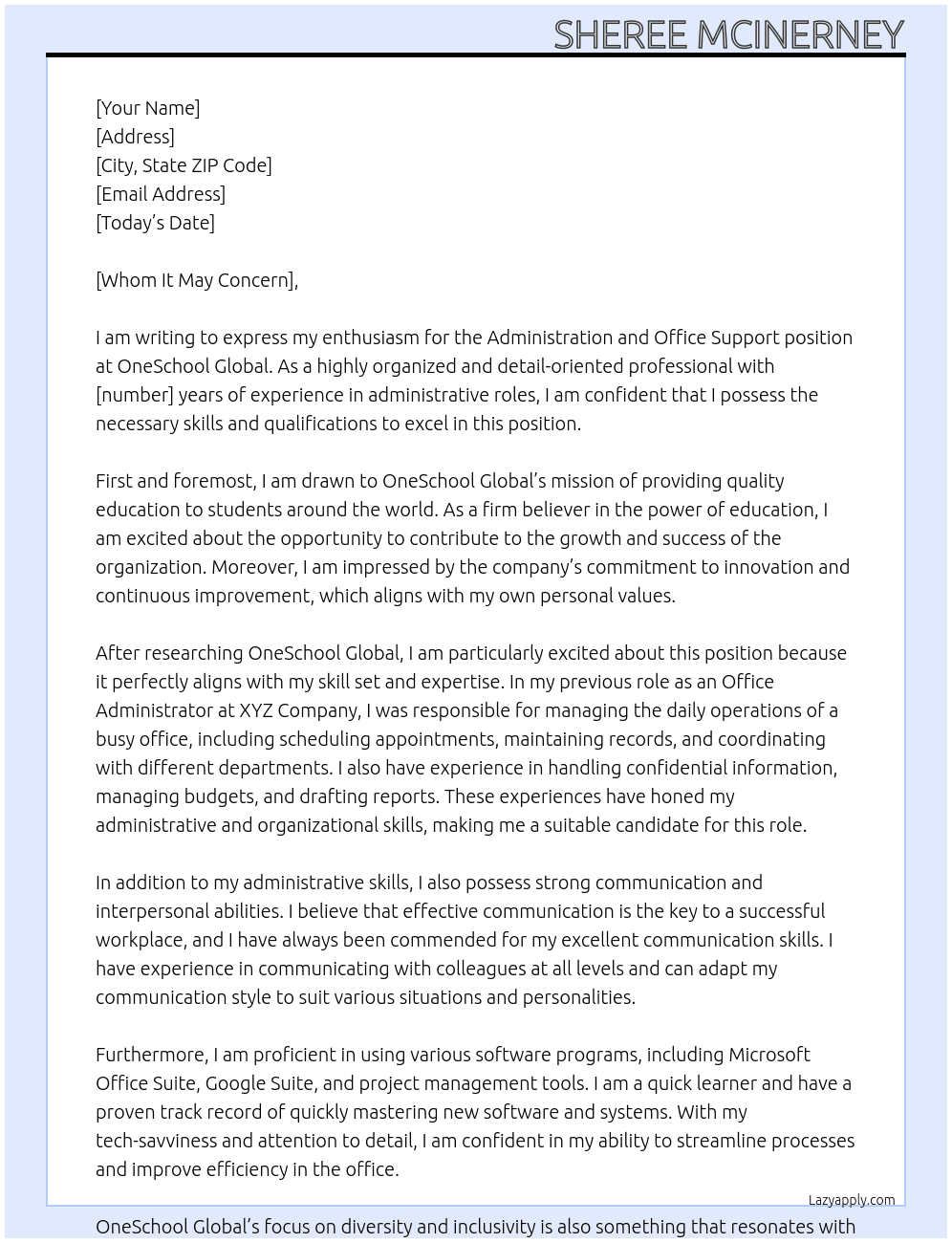 Administration and Office Support At OneSchool Global Cover Letter