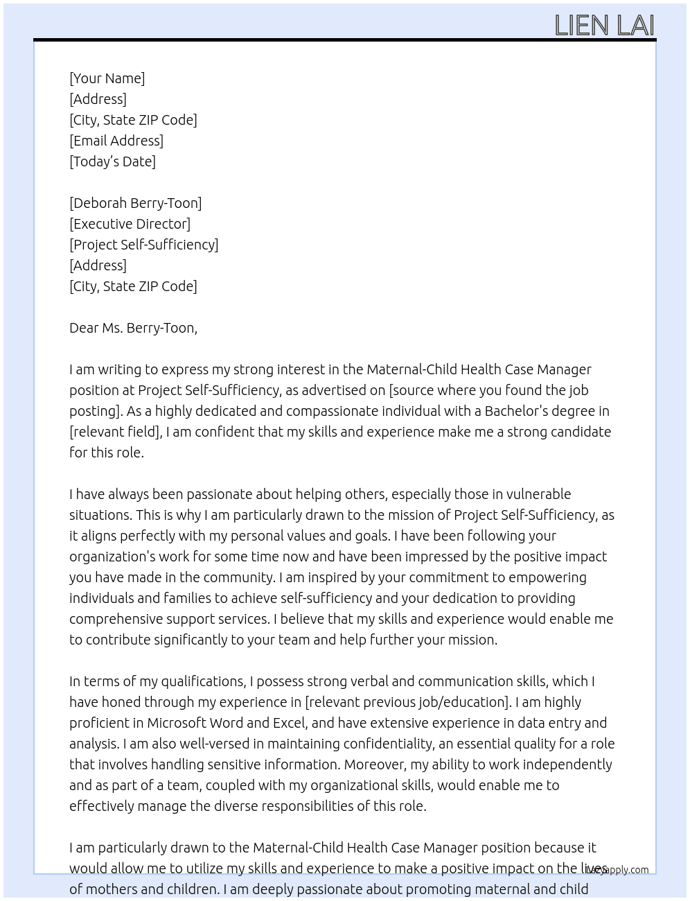 Maternal-Child Health Case Manager At Project Self-Sufficency Cover Letter