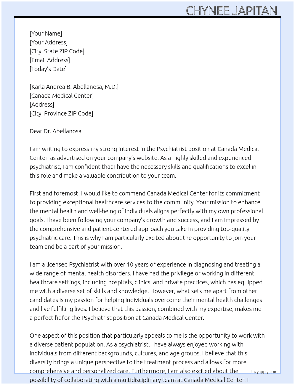 Psychiatrist  At Canada Medical Center  Cover Letter