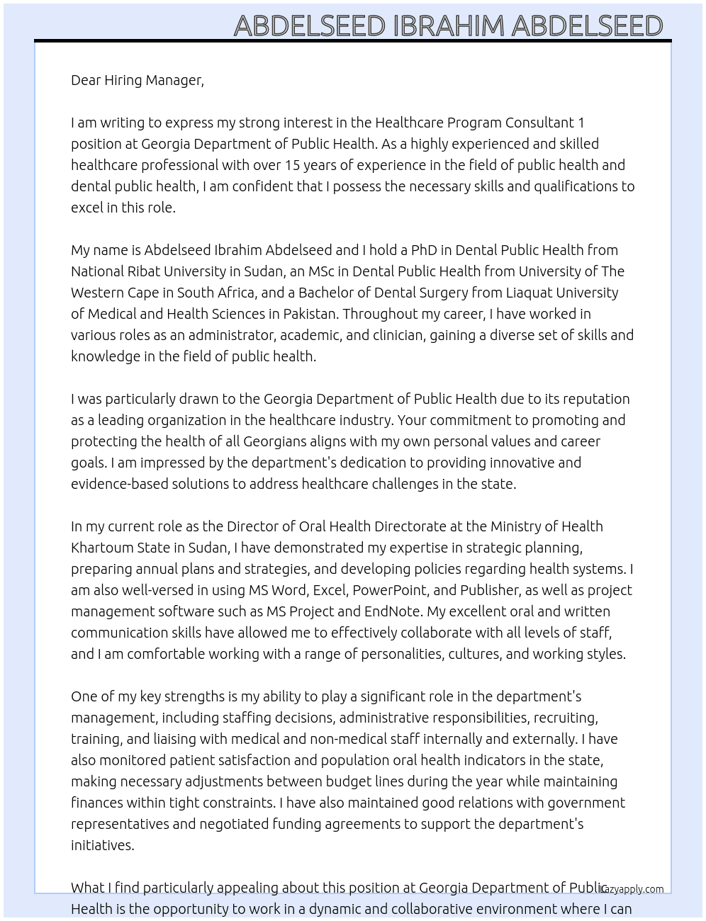 Healthcare Program Consultant 1 At Georgia Department of Public Health  Cover Letter