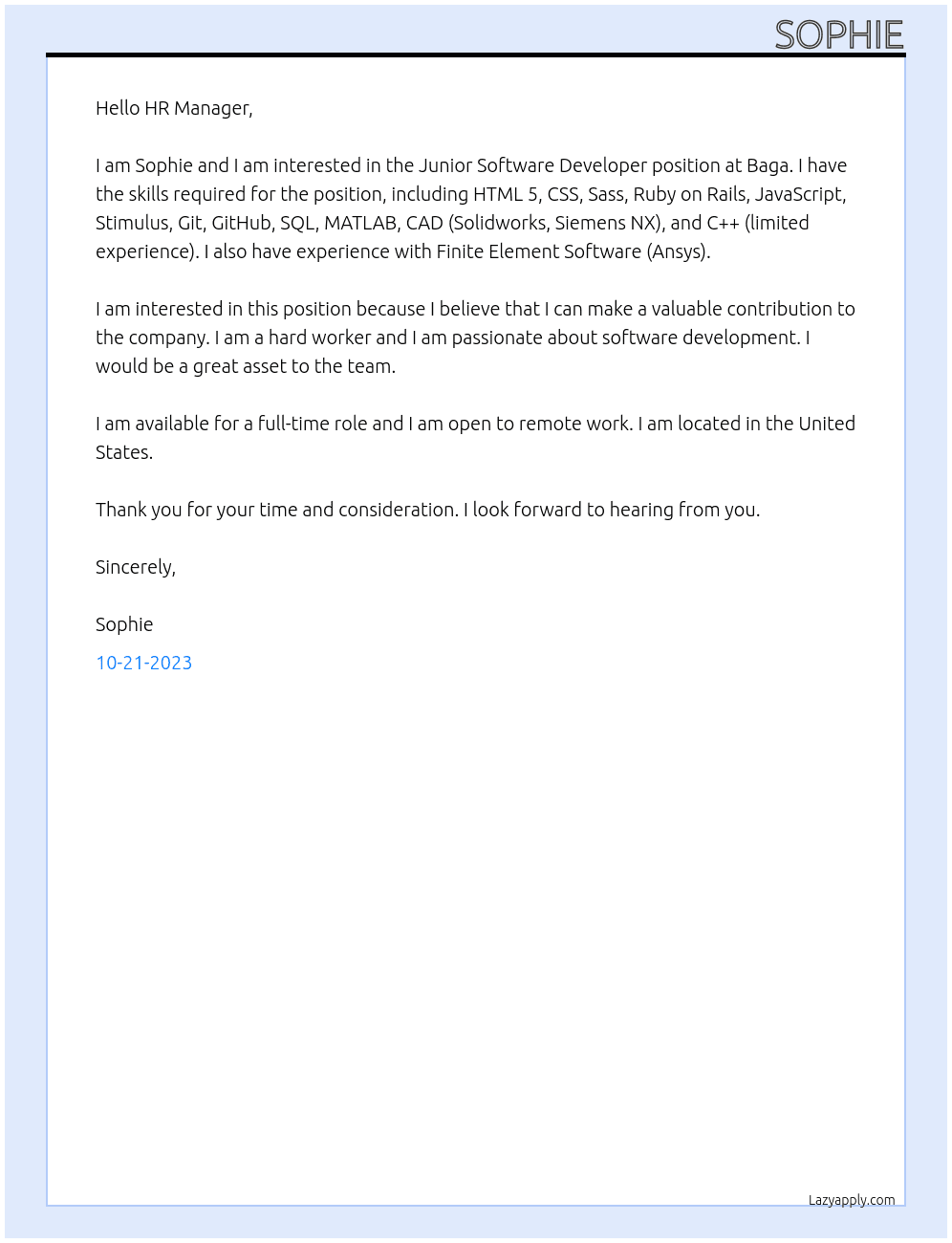 Junior Software Developer At Baga Cover Letter