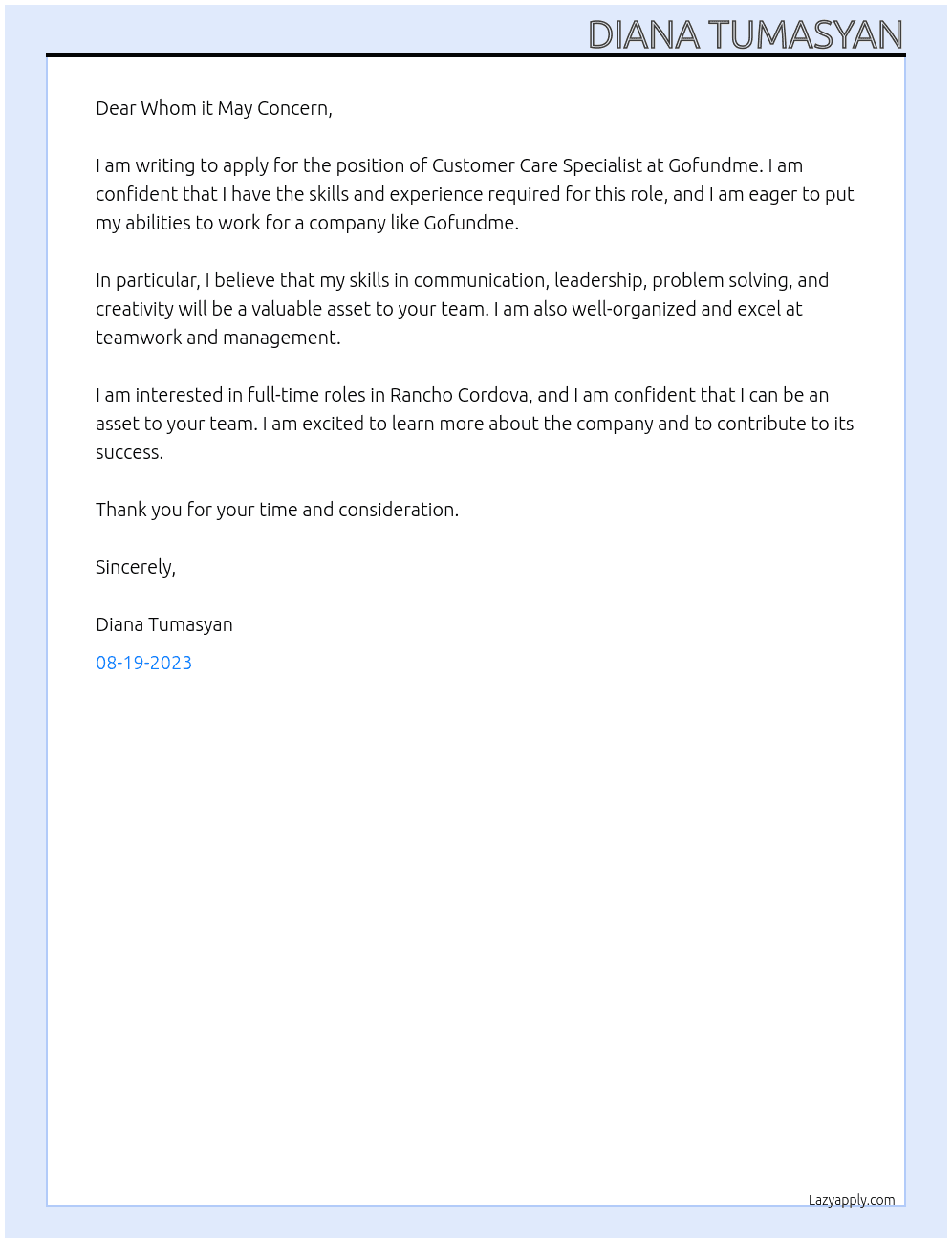 Customer care specialist At Gofundme Cover Letter