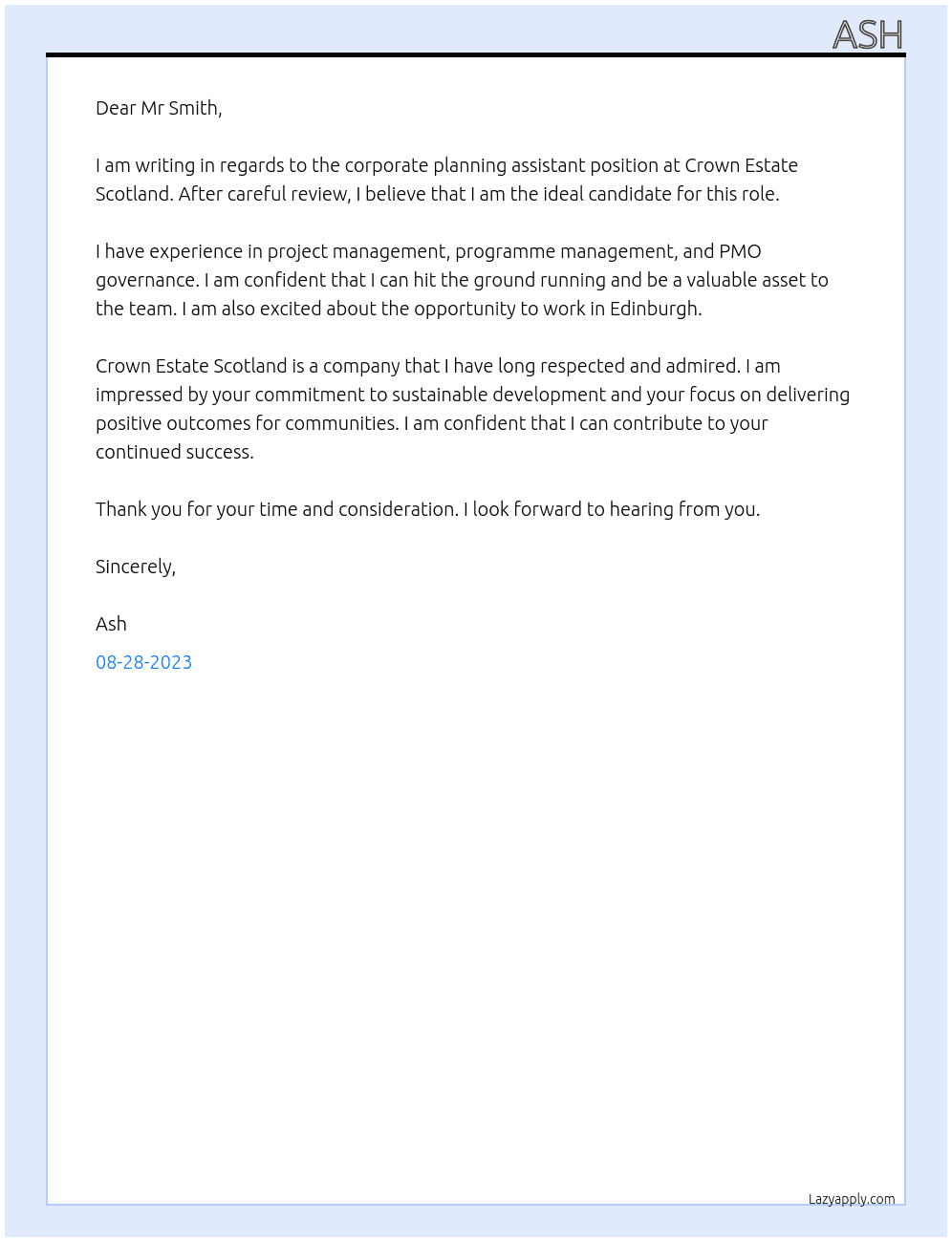 Corporate planning assistant At Crown Estate Scotland  Cover Letter