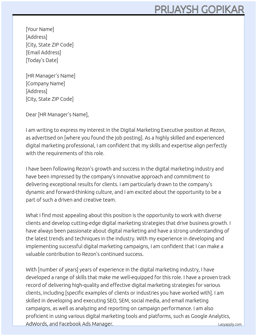 Digital Marketing Executive At Rezon Cover Letter
